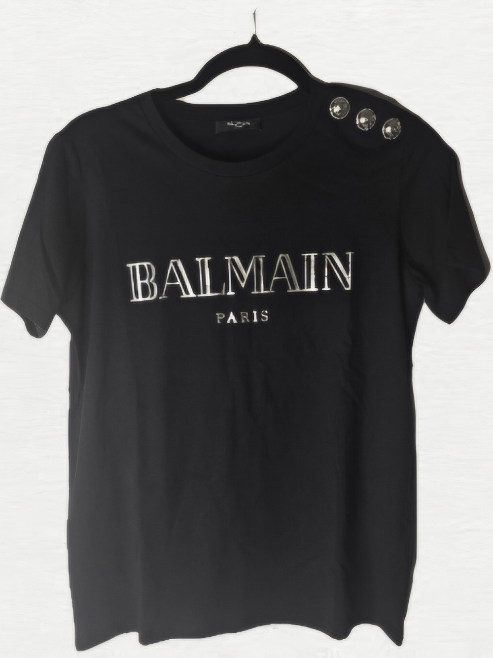 Balmain Black Logo Tee with Shoulder Buttons